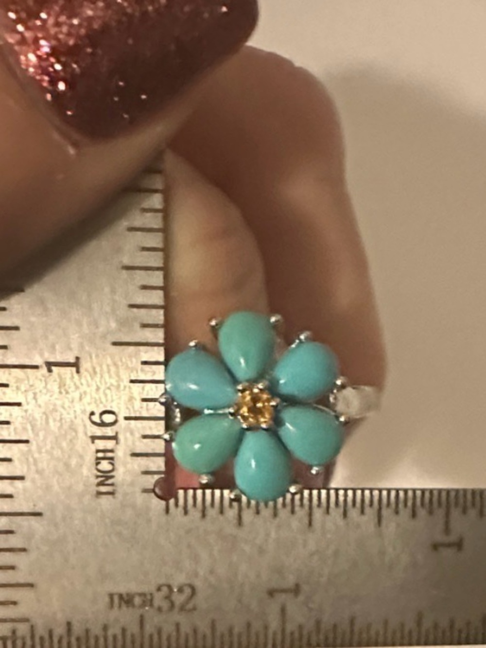 Turquoise Floral size 10 Ring with pink center stone set in sterling silver - Picture 6 of 9